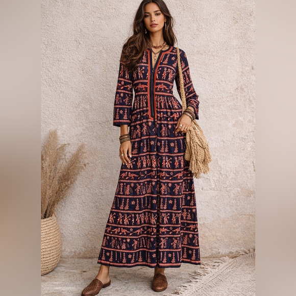 Dresses & Skirts - VINTAGE AANANDA | Indian Folk Print Cotton Maxi Dress | Small Summer Dress
